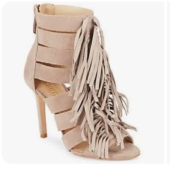 SCHUTZ Shoes - Schutz Marva Fringe Suede Tan Heels size 7.5